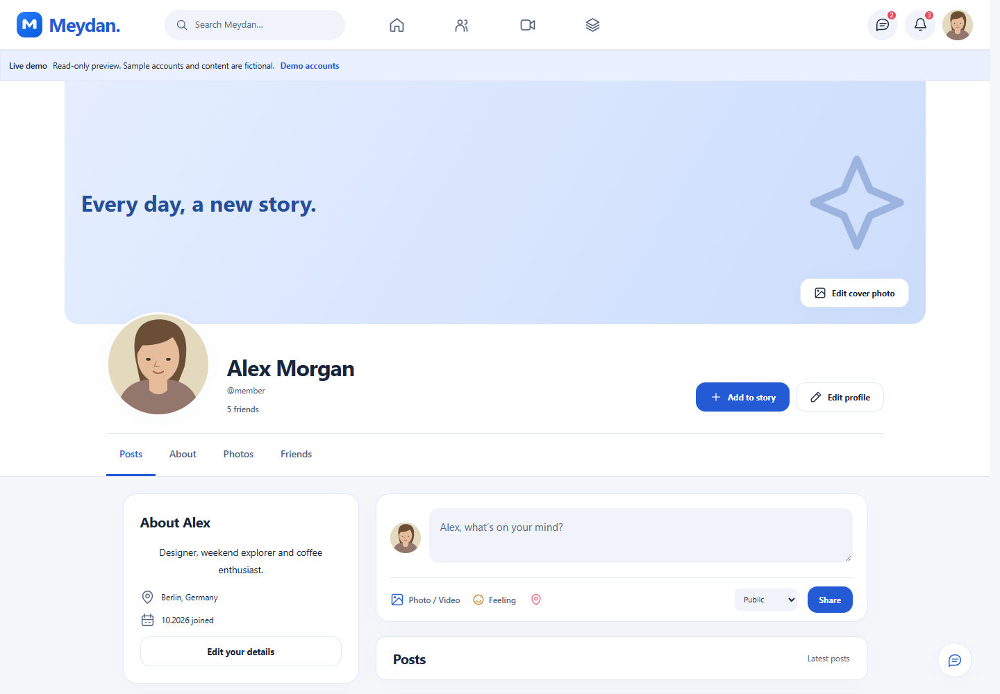 Full-width member profile with cover and timeline